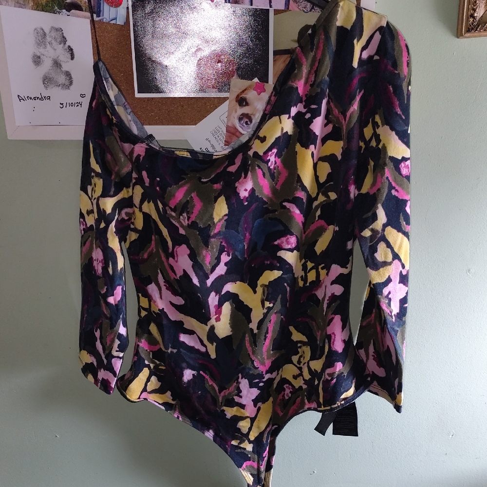 Guess Multicolor Abstract Print Long Sleeve Bodysuit - Black, Pink, Yellow, Navy